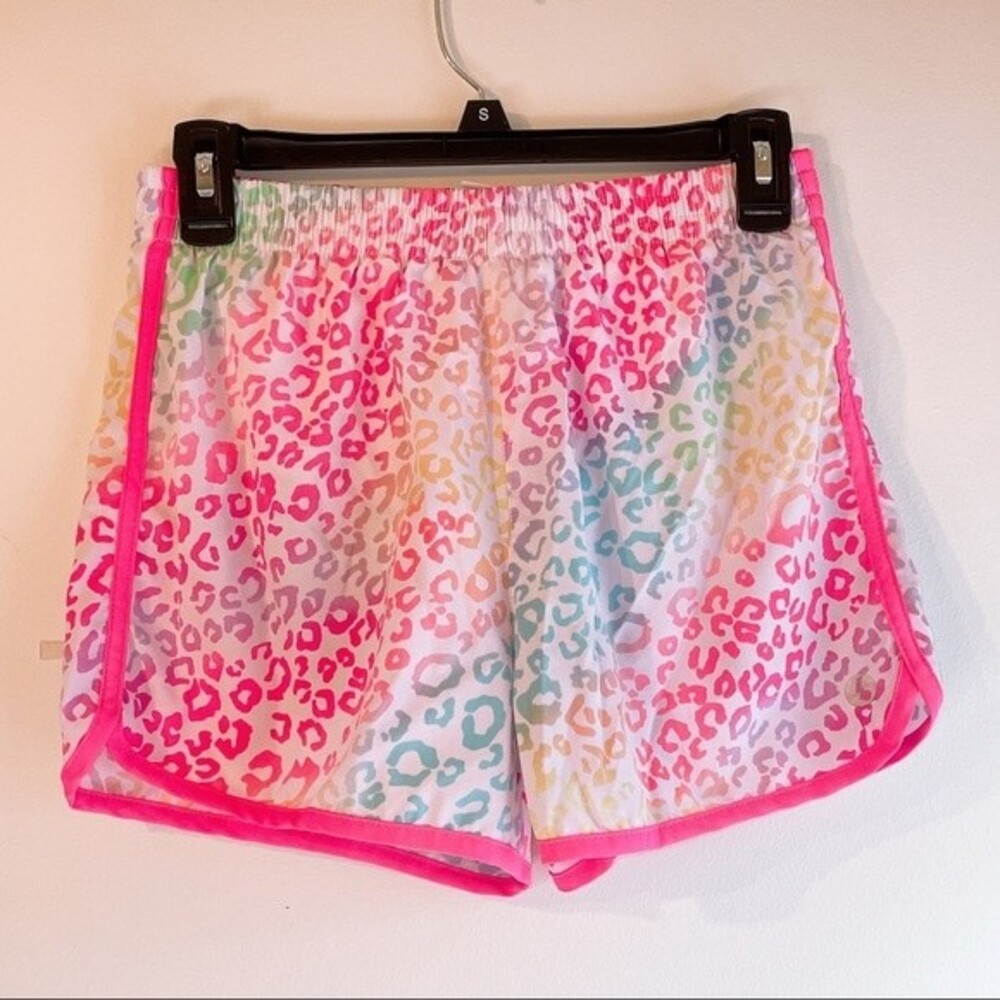 Girls Athletic Sporty Rainbow Leopard Print Shorts